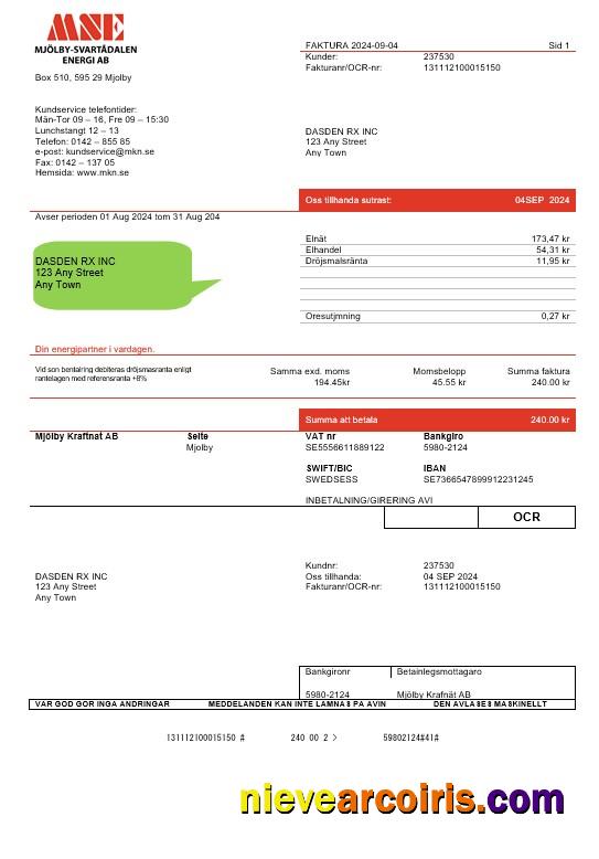 Sweden Mjölby Kraftnat AB business utility bill